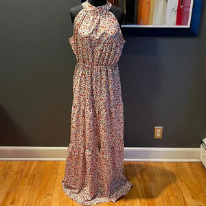C+D+M shades of rust & navy floral print tiered ruffle skirt halter maxi.